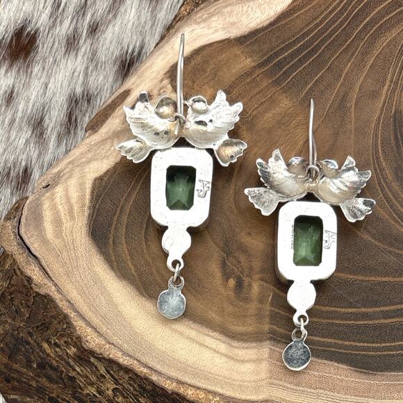FEDERICO JIMENEZ Sterling Silver & Light Green Glass Love Birds Drop Earrings - Picture 2 of 3